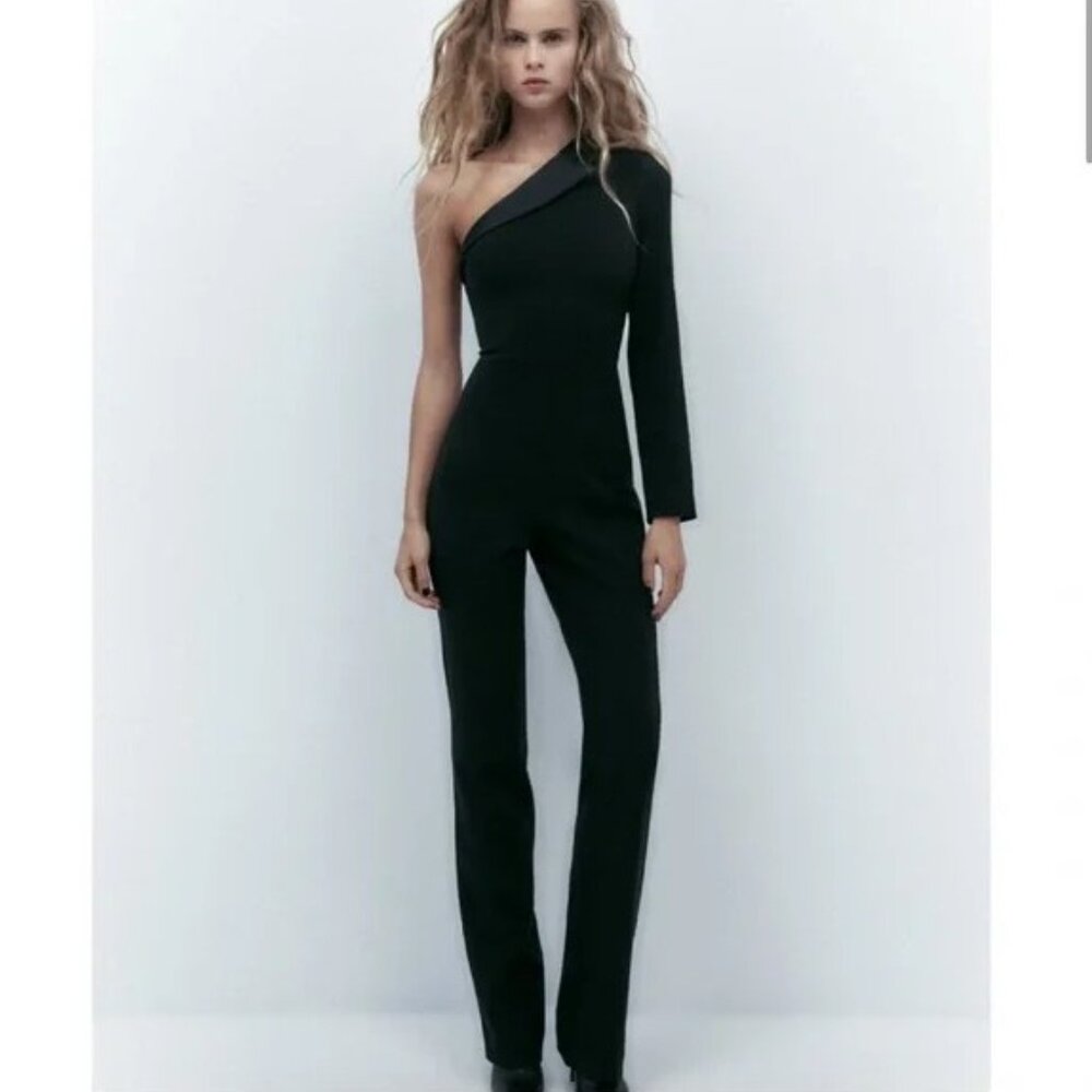 Zara Black One-Shoulder Tuxedo Jumpsuit, NWT, S